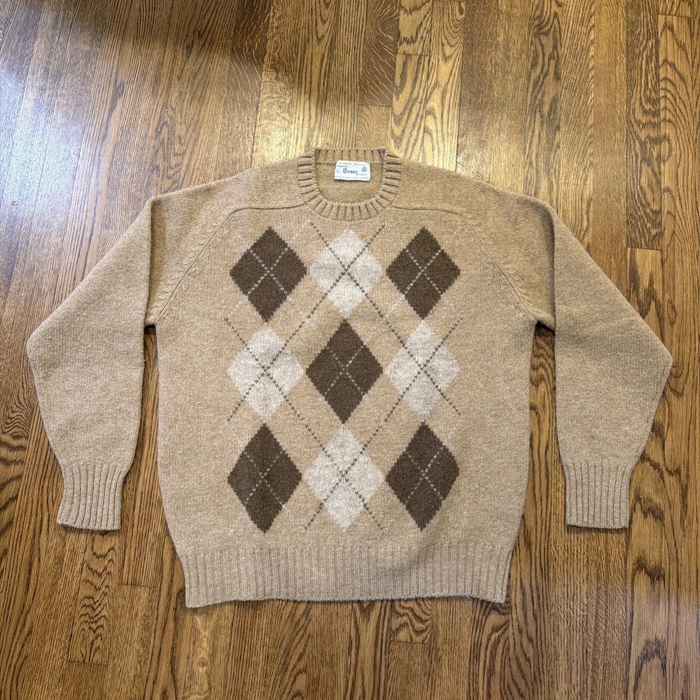 Vintage Deans of Scotland Argyle Shetland Wool Sweater XL Brown Tan Crew Neck